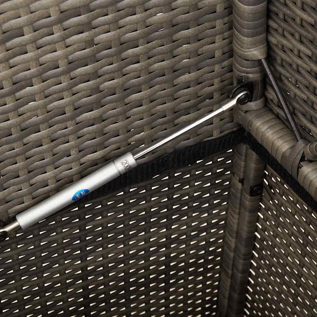 Panca da giardino con cuscino, in polyrattan grigio, panca con vano portaoggetti e borsa impermeabile, seduta imbottita con rivestimento rimovibile, coperchio sicuro con molla a gas per