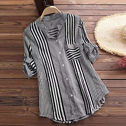 Uillui Casual 3/4 Sleeve Button Up Shirts for Women V Neck Striped Tunic Tops Lightweight Loose Fit Plus Size Work Blouse