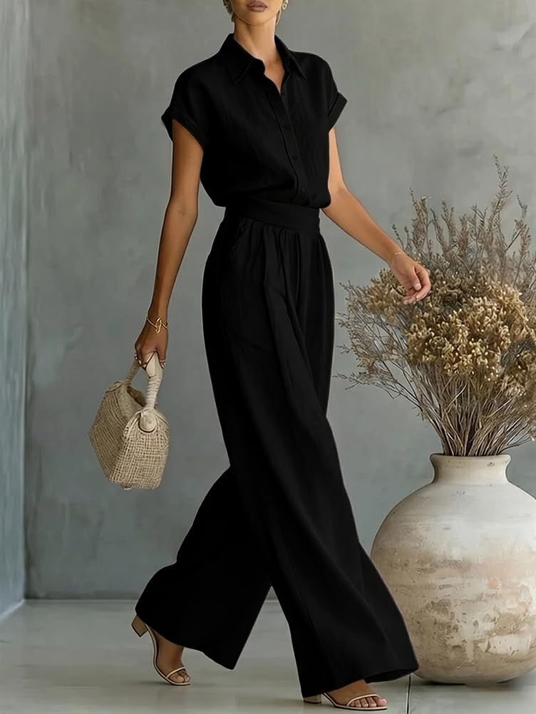 shownicer Completo Donna Lino Tuta Elegante Estiva 2 Pezzi Set Maniche Corte Blusa E Pantaloni Curvy Completo in Lino Due Pezzi Set Completi Tute