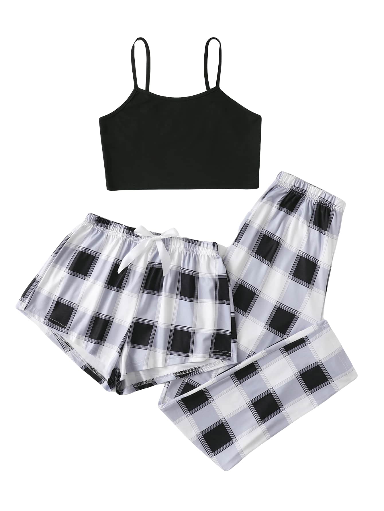 GORGLITTER Women's 3 Piece Plaid Pajamas Pants Set Cami Top with Shorts Loungewear Sleepwear