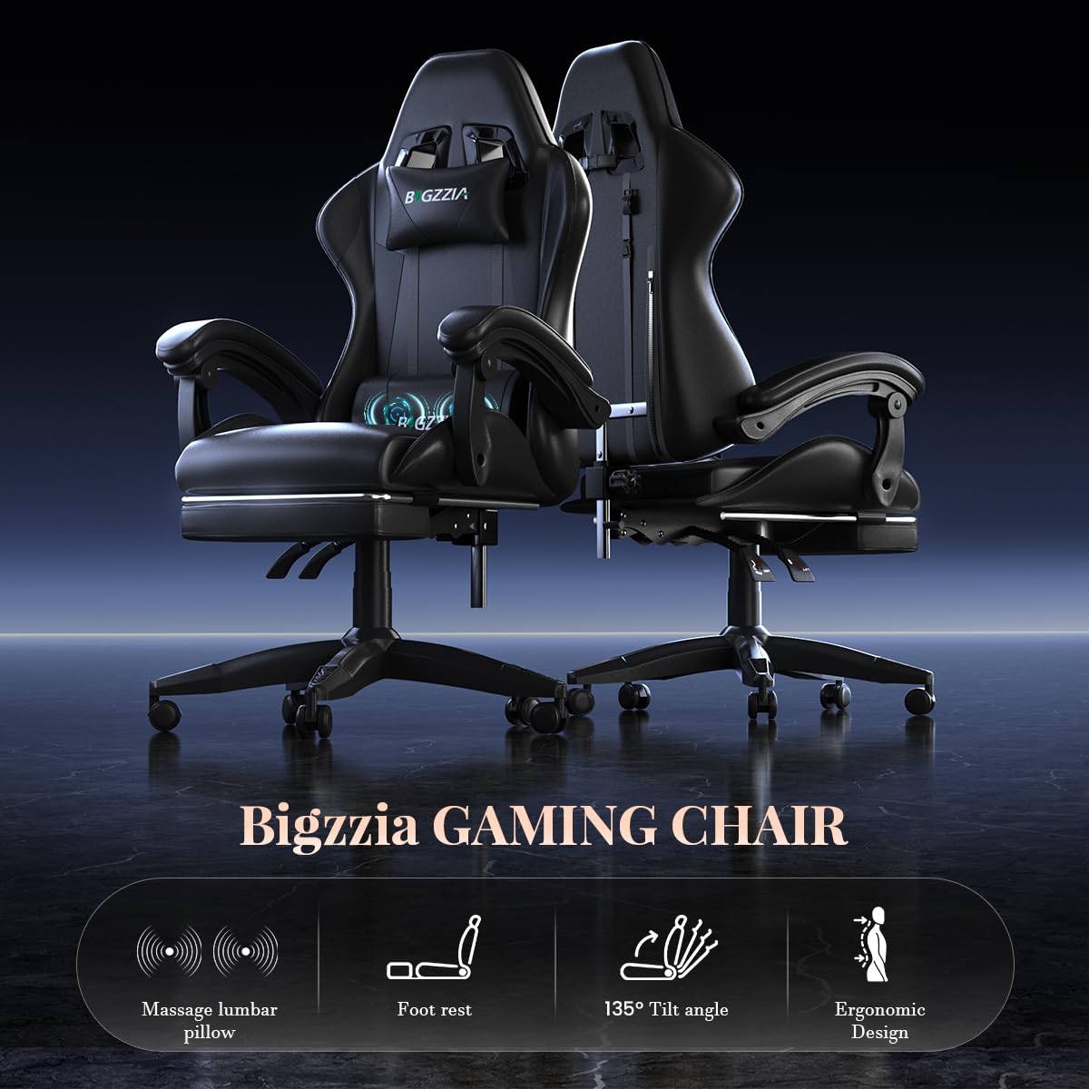 bigzzia Chaise Gaming avec Fonction Massage, Ergonomique Chaise de Gaming Ergonomique avec Coussin Lombaire Massant, Fauteuil Gaming réglable et pivotant capacité de Charge 150 kg