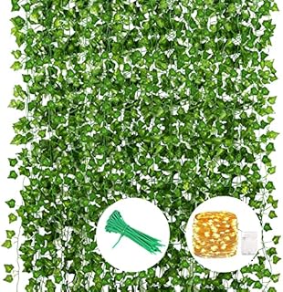 WOGREZ Artificial Ivy 12 Pack 84 Ft with 100 LED String Light Fake Ivy Garland Vines Hanging Fake Plant UV Resistant ivy Garland vines for Room Decor Wedding Party Home Garden Decoration(green)