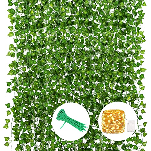 WOGREZ Lierre Artificielle Plantes Guirlande Vigne 12 Pcs 84 Ft et 10M 100 LED Light Décoration de Chambre avec Guirlande de Lierre Feuilles Plante Artificielle de fête Jardin Mariage Mur Cover