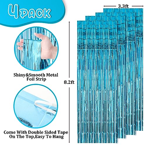 Image of Voircoloria 4 Pack 3.3x8.2 Feet Light Blue Foil Fringe Backdrop Curtains, Tinsel Streamers Birthday Party Decorations, Fringe Backdrop for Graduation, Baby Shower, Gender Reveal, Disco Party