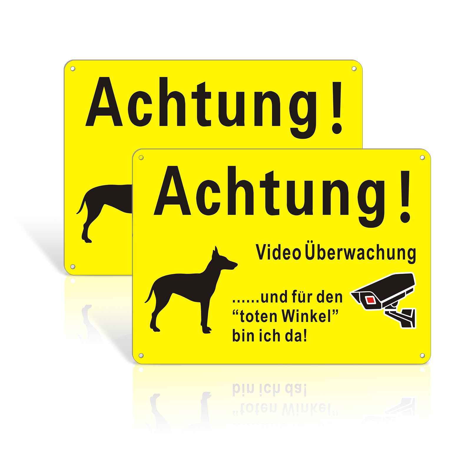 2 Stück Vorsicht Hund Schild, 25x18cm Achtung Videoüberwachung Schild Metall Alu,Reflektierendes Aluminium,Wetterfest – Für Innen- und Außenbereich,Gelb