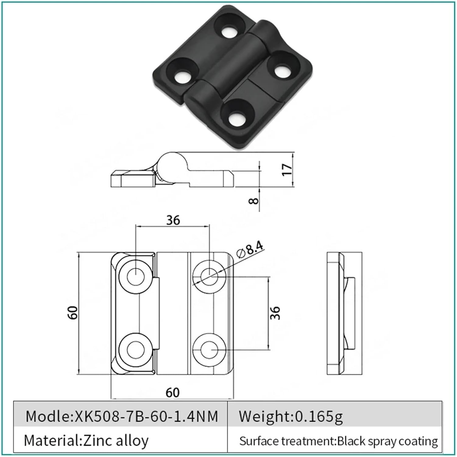 Zinc Alloy Black Spray Painted Constant Torque Hinge Furniture Hinge 1Pcs(XK508-7B-60-1.4NM)