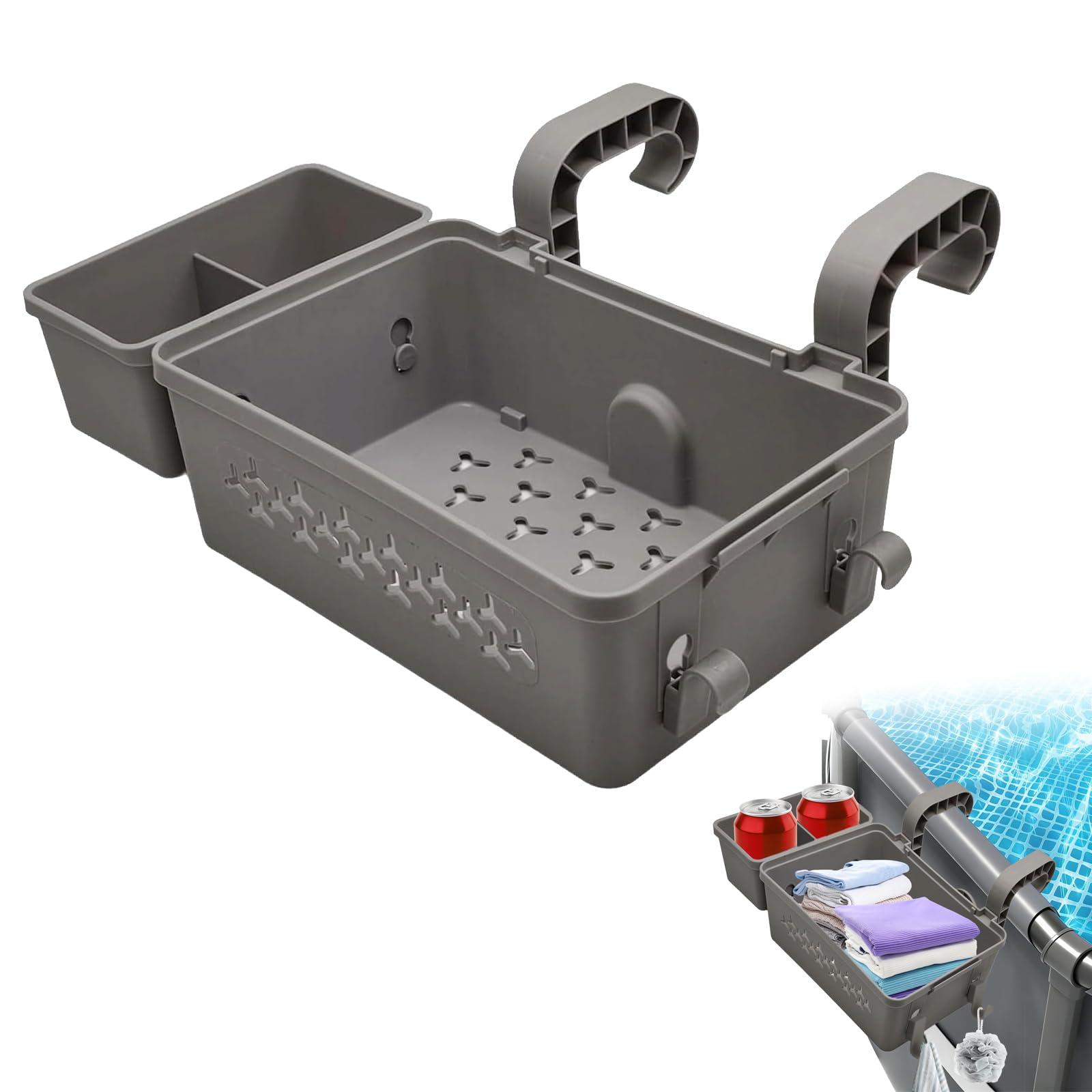 Panier de Rangement Piscine Hors Sol Suspendu, Organisateur pour Piscine, Panier De Piscine Suspendu, Panier de Rangement Suspendu avec Porte-gobelets, pour Jouets, Serviettes, Boissons