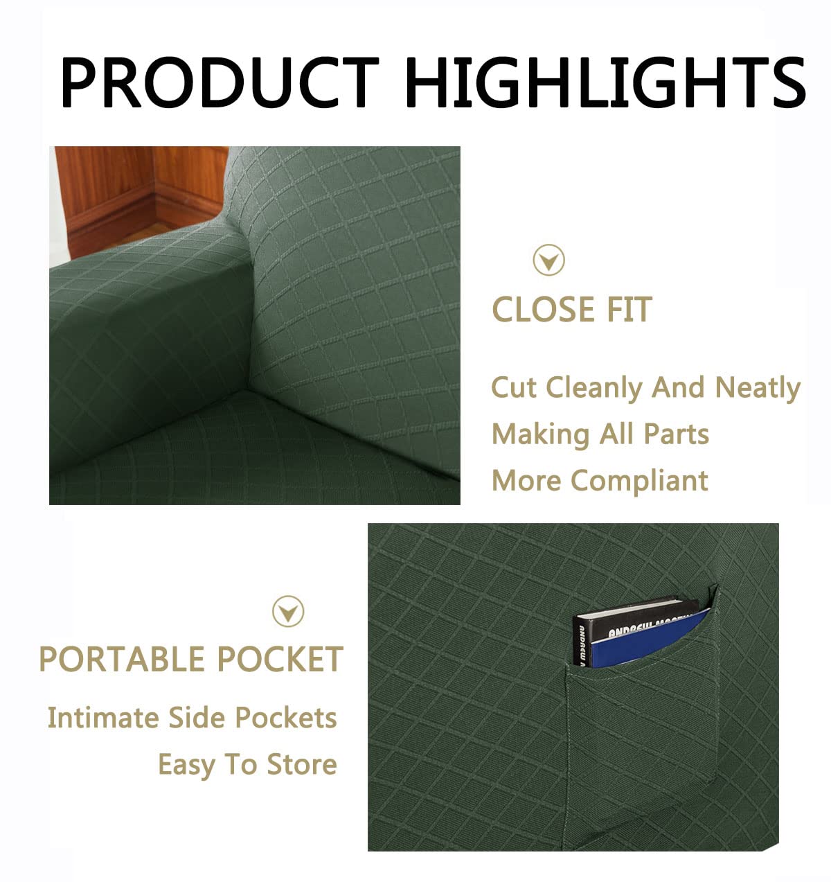 YOPOIY elasticizzato jacquard Copripoltrona Relax Reclinabile Copripoltrona antiscivolo sfoderabile e lavabile con tasca laterale a quadri Fodera poltrona -verde