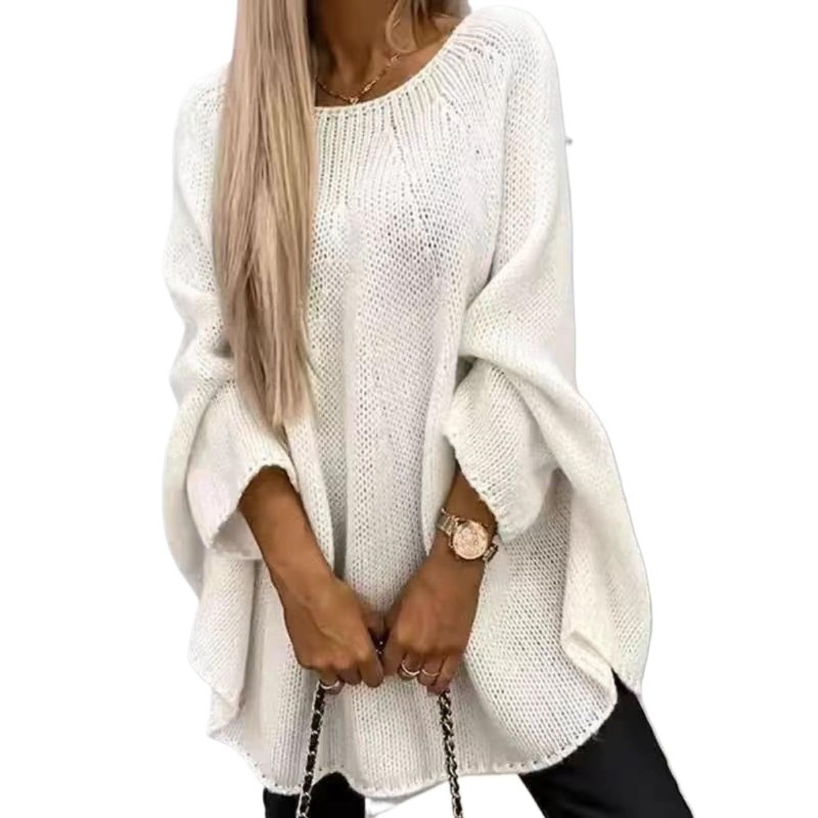 Womens Knit Poncho Crewneck Pullover Top Fall Winter Chunky Cape Sweaters Long Sleeve Asymmetric Hem Oversized Shawl