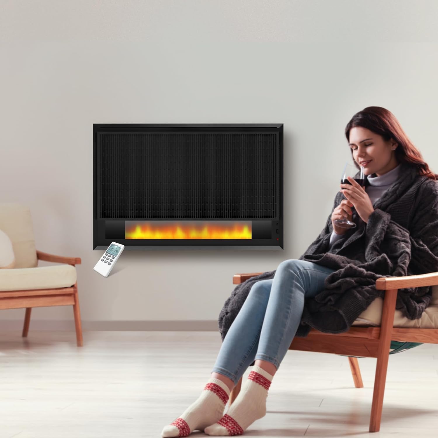 BYECOLD electric fireplace mounted on a wall in a living room setting