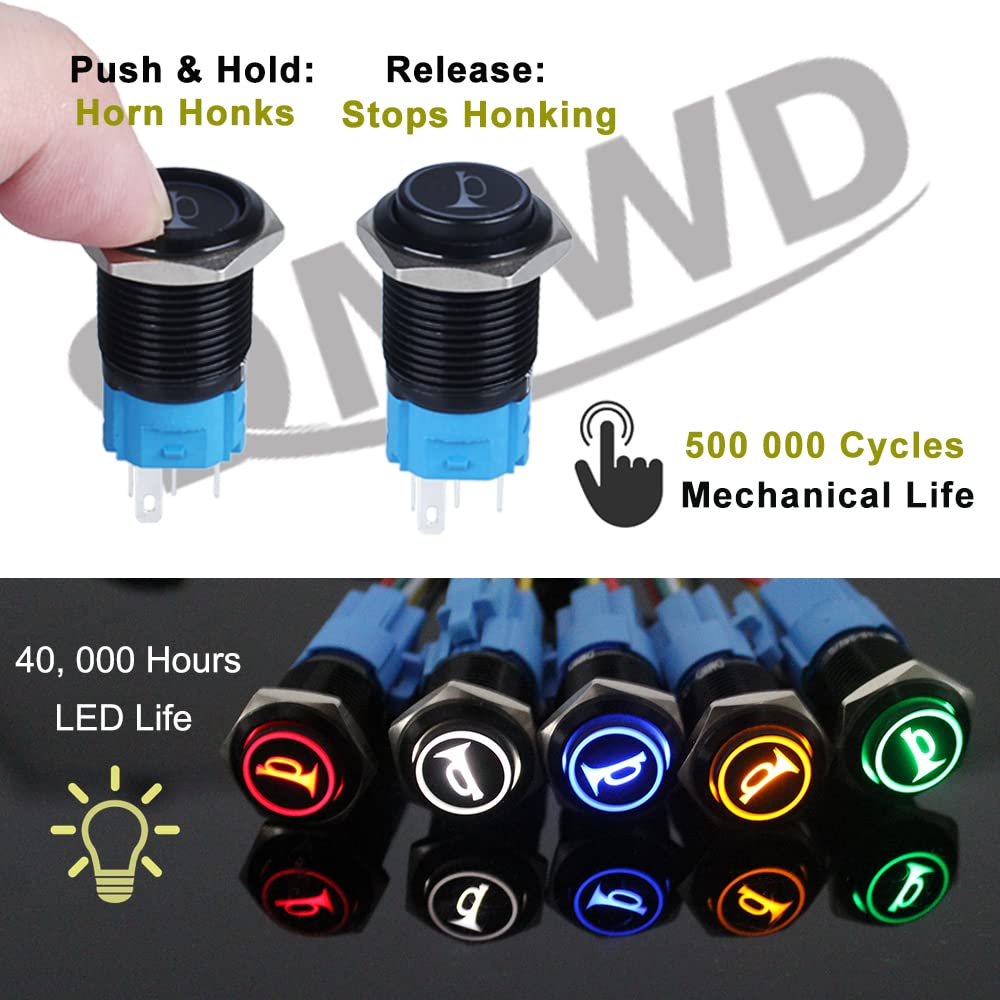 2pcs 19mm Raised Head Speaker Horn Momentary Push Button Switch 3/4" Mounting Hole 12V-24V (ON)-Off 1NO 1NC SPDT with Socket for Car Truck Boat Marine (Red LED)