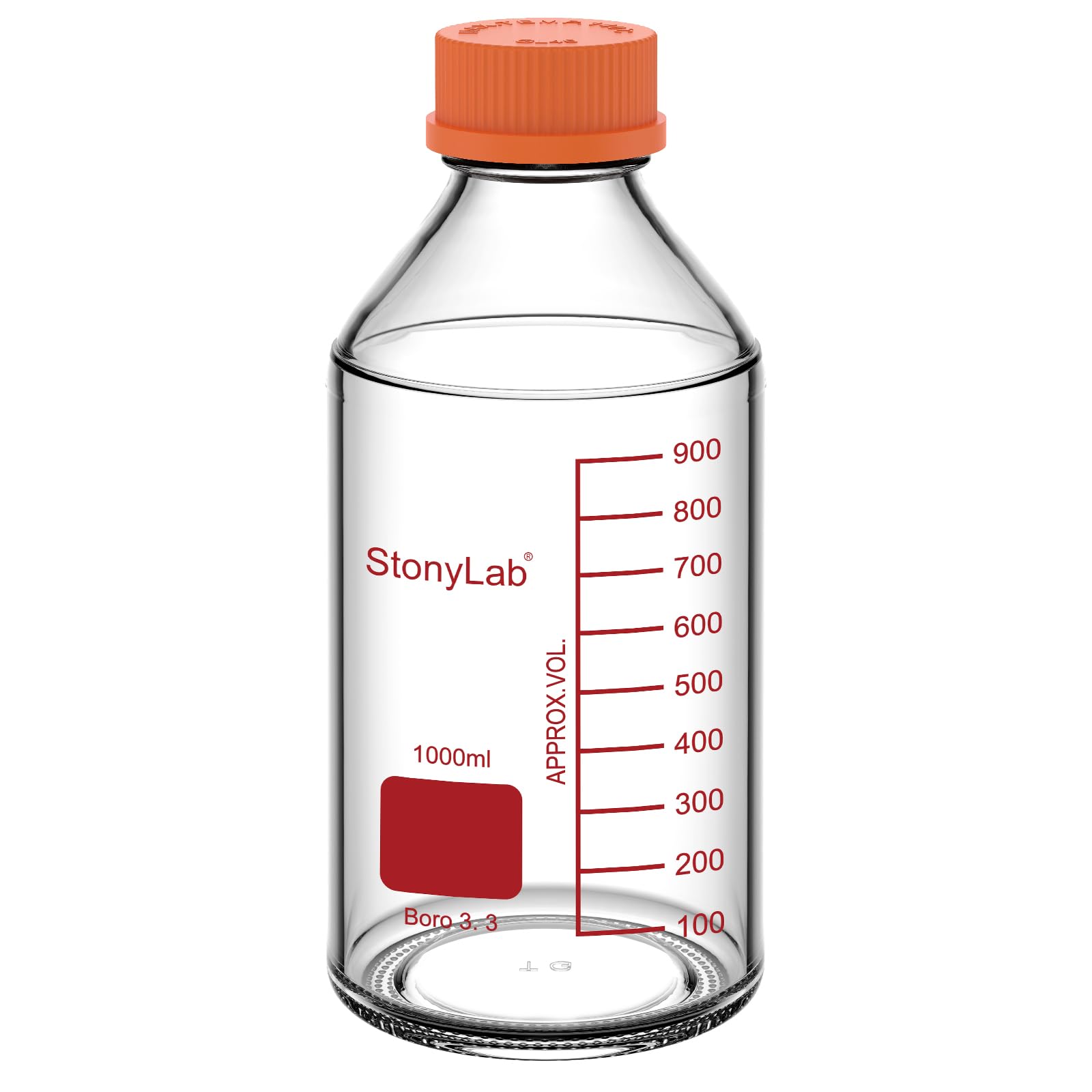 Stonylab Orange Media Storage Bottle With Gl45 Screw Cap, Borosilicate Glass, 1000Ml, For Laboratory Use, 1 Piece