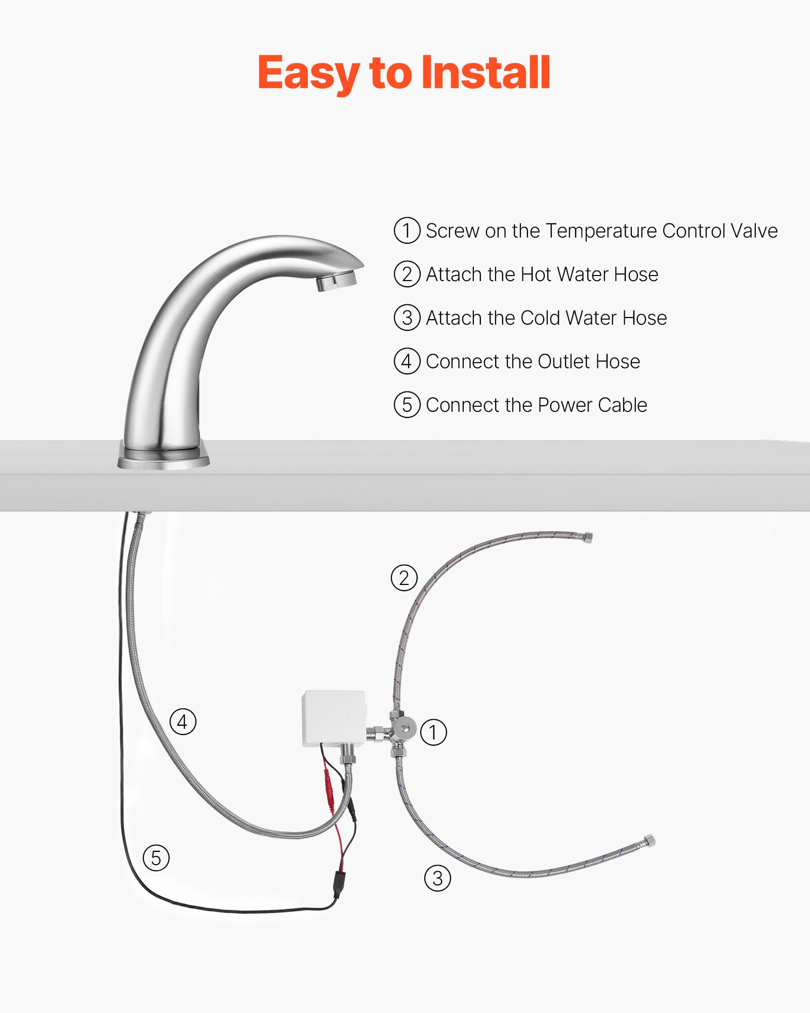 VEVOR Robinet Automatique sans Contact, Mitigeur Lavabo à Capteur de Mouvement, Mélangeur d’Eau Chaude et Froide Température Réglable, pour Tuyau 9,5 mm, Cuisine Salle de Bain, Nickel Argenté Brossé
