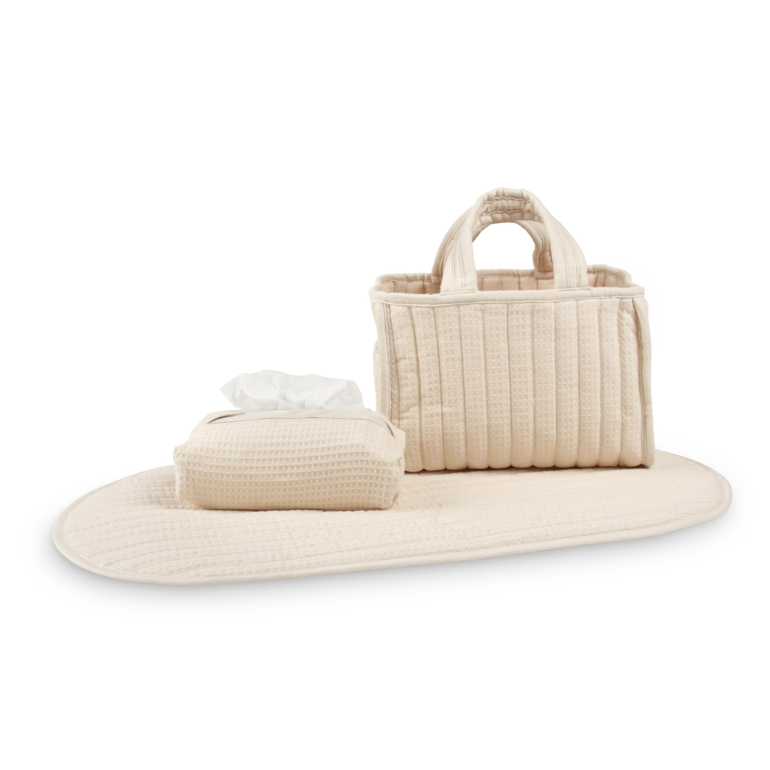 CuddleCo Nappy Caddy Set with Travel Changing Pad & Baby Wipe Cover - Perfect Newborn Essentials for Convenient Organisation (Cashmere Waffle)