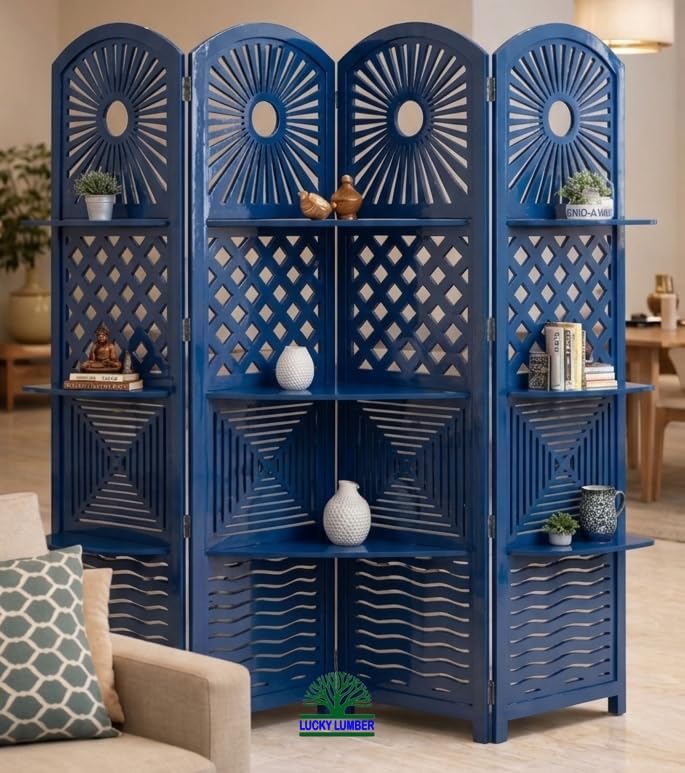 Image of Wooden Room Divider Partition Screen with Shelves | Foldable Decorative Privacy Separator Panel for Living Room, Bedroom, Office & Hall | Modern Blue Finish Home Decor