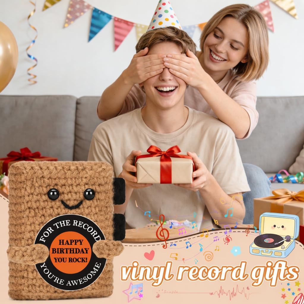 WELLBANEE Retro Vinyl Birthday Gifts for Men Music Teacher | Happy Birthday Gift for Him Boyfriend Husband BF Friend Coworker, Music Lover Mini Crochet Ornament for Office