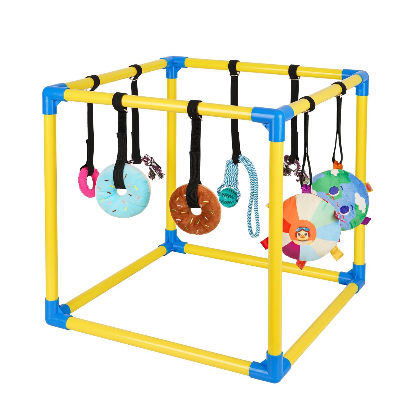 Liitrton Puppy Play Gym - Small Dogs Play Gym with 8 Hanging Toys, Indoor Puppy Jungle Gym with Interactive Dog Enrichment Toys, 19.5"x19.5"x19.5" PVC Frame