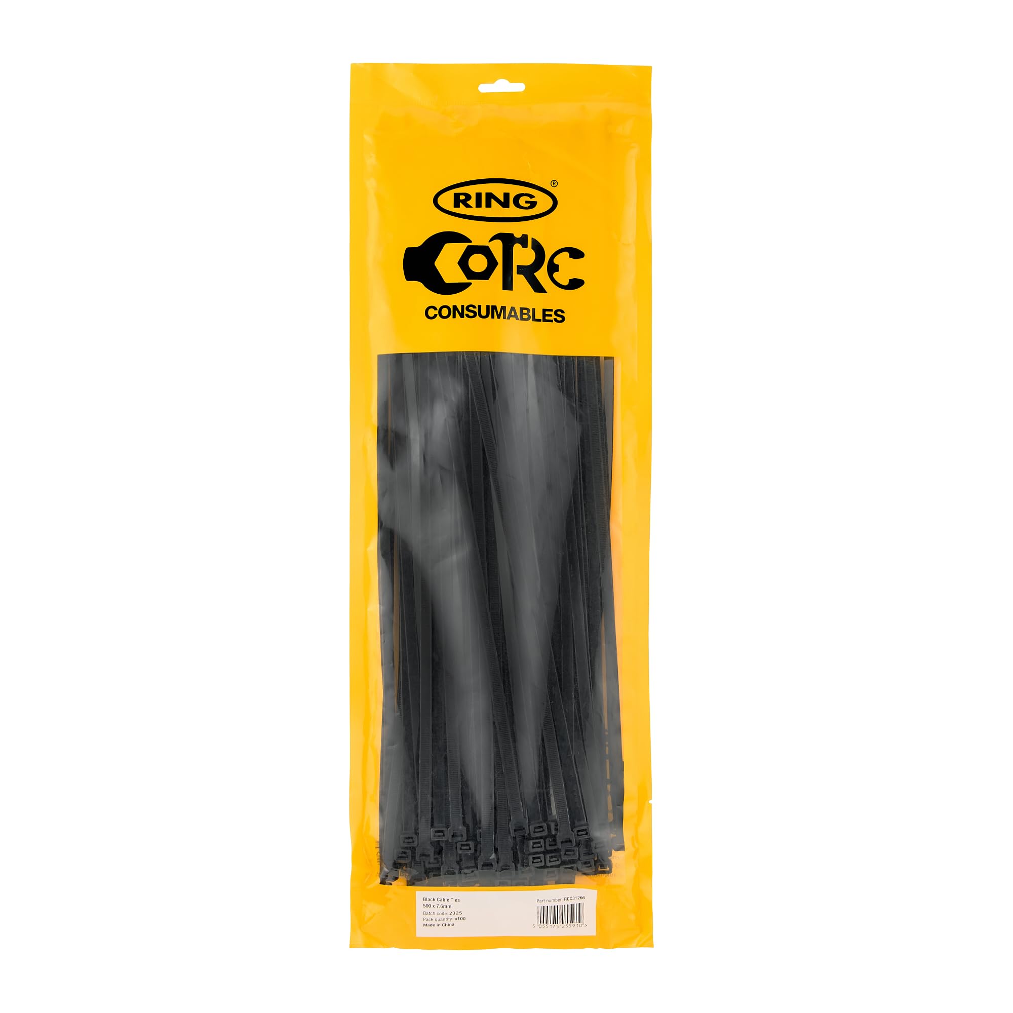 RING Black Cable Ties, 500 x 7.6 mm (100 Pcs) General Purpose, Supplied in a Re-Sealable Pack