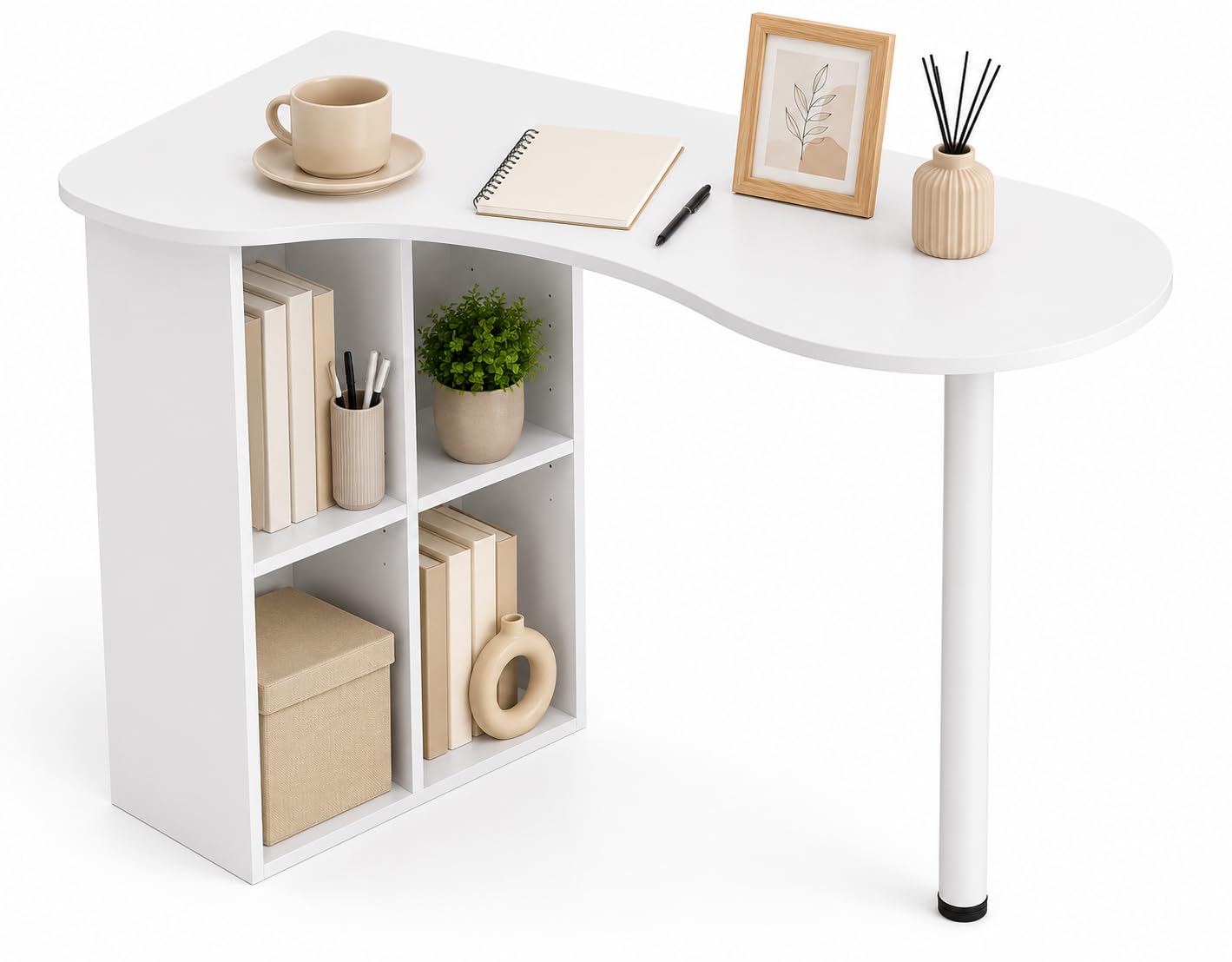 URBNLIVING Computer Desk Home Office Workstation Study Table Wooden Writing Desk Folding Desk Corner Desk with Storage Shelves - (White & Corner Desk)