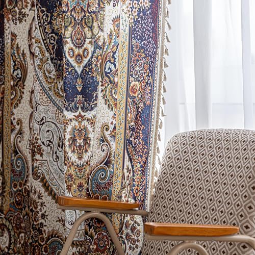Image of Blue Brown Medallion Curtains 96 Inches Long, Vintage Paisley Boho Farmhouse Light Filtering Rod Pocket Drapes with Tassel Trim for Bedroom Living Room, 2 Panels