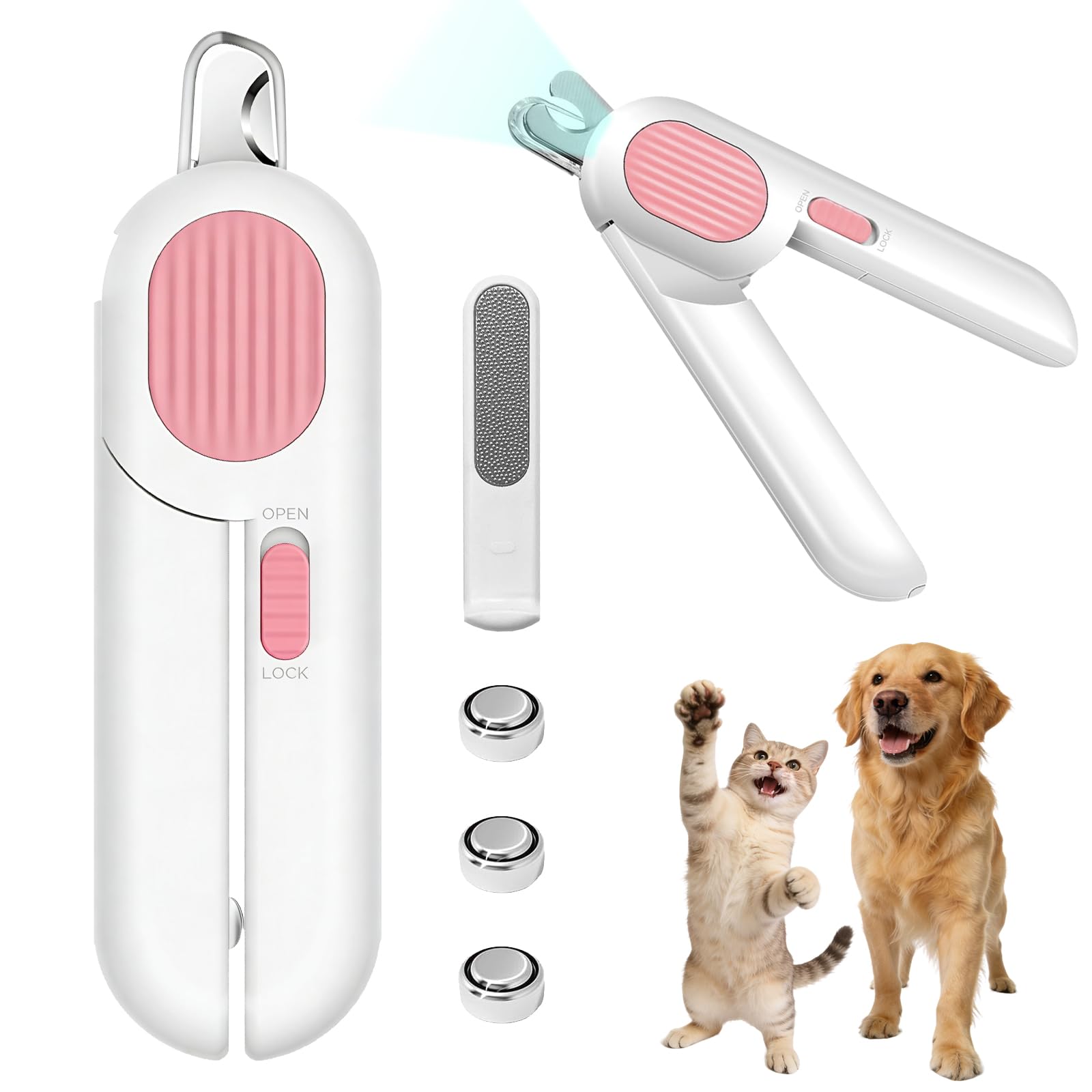 Nagelknipser für Katzen mit LED Licht, Krallenschneider aus Edelstahl mit integrierter Feile, praktischer Spritzschutz, Haustier Krallenschere für kleine Tiere, rosa