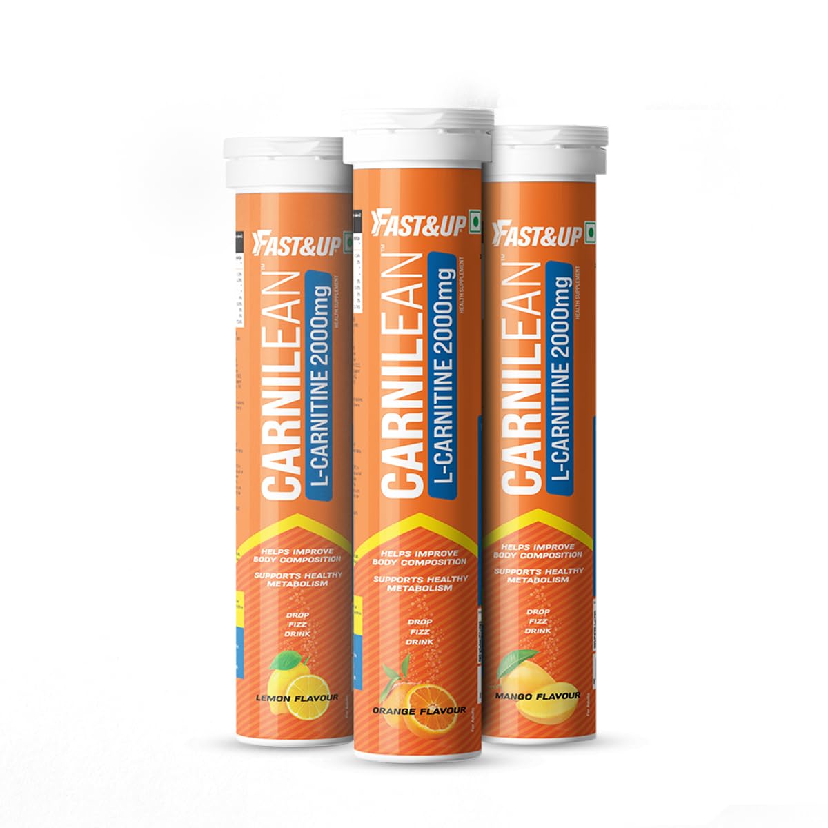 Fast&Up L-Carnitine 2000mg Effervescent Tablets | Premium Carnipure® Carnitine Supplement | Helps Convert Fat into Energy, Supports Weight Loss, Fat Burn & Lean Muscle |Mango, Orange and Lime Lemon, Pack of 3