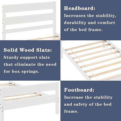 Miniatura 7 de Cama individual, marco de cama de madera con cabecera y estribo para niños, no necesita caja de resortes (blanco, individual)