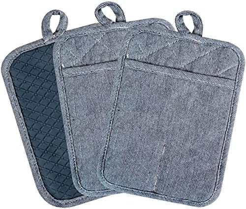 Pot Holders Yarn-Dyed Set of 3 Non Slip Silicone Kitchen Lines Heat Resistant 500℉ Kitchen Gloves BBQ Cooking Baking Women Men Cooking Barbecue Microwave Machine Washable (Gray Potholders)