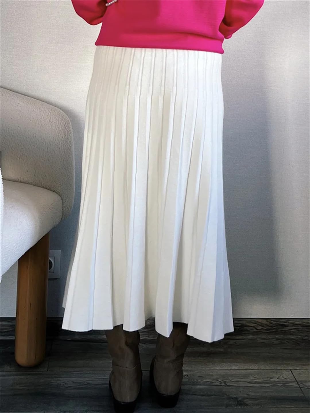 Falda plisada de punto para mujer, cintura elástica larga, falda midi lisa para otoño e invierno