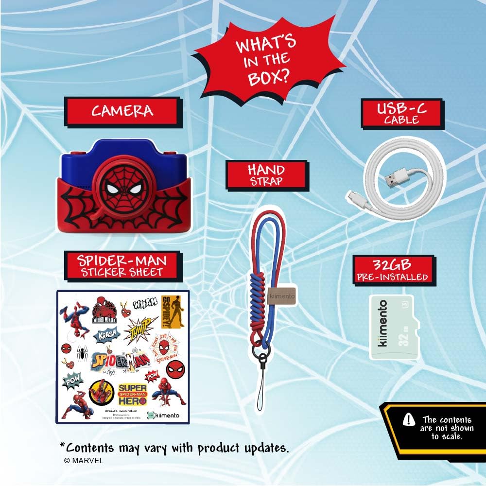 Kidamento Appareil photo numérique et caméscope vidéo pour enfants avec écran tactile, boîtier en silicone souple, capuchon d'objectif amovible, carte mémoire de 32 Go – Modèle K Spider Man