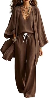 Women's 3 Piece Linen Look Set: Tank, Wide Leg Pants & Kimono Cardigan