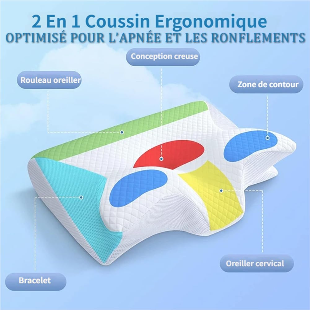 Oreiller Ergo Apnée Du Sommeil, Oreiller Ergonomique Cervical Mémoire De Forme, Oreillers Anti Ronflement Et Apnée Positionnelle, Cousin Ergonomique Nuit Pour Dormeurs Côté, Dos, Ventre (Gris)