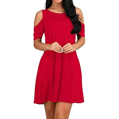SHENBOLEN Women's Cold Shoulder Dress Tunic T-Shirt Loose Dress Short Sleeve Casual Dress with Pockets