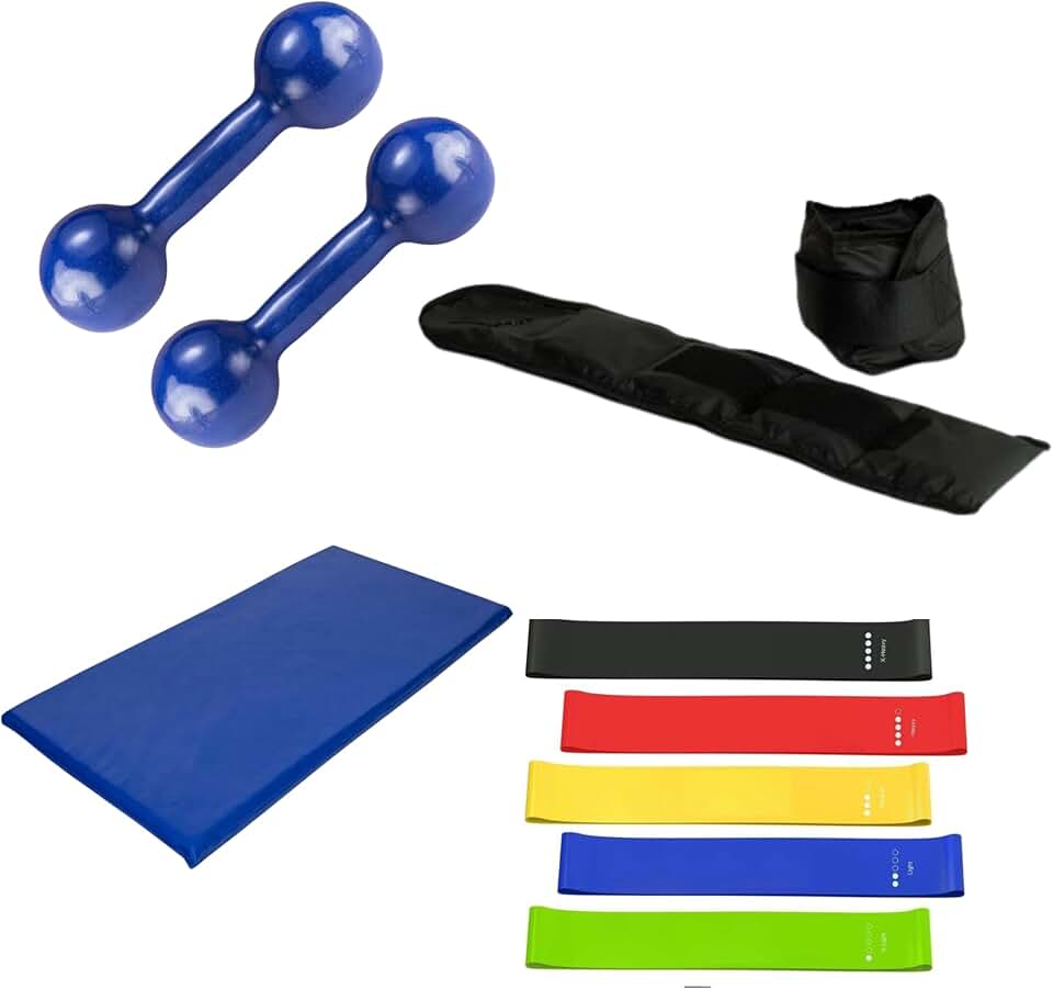 Combo Par de Halteres 01 Kg Azul + Tornozeleira Par 02 Kg Preto + Colchonete Azul + 05 Elásticos Multi Tensões