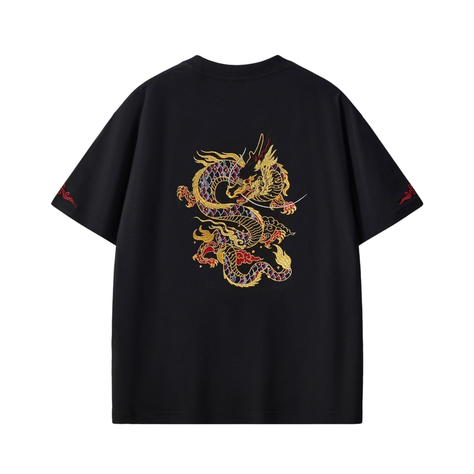 Męski bawełniany t-shirt z okrągłym dekoltem, haft smoka, przecięte ramiona, top z krótkim rękawem
