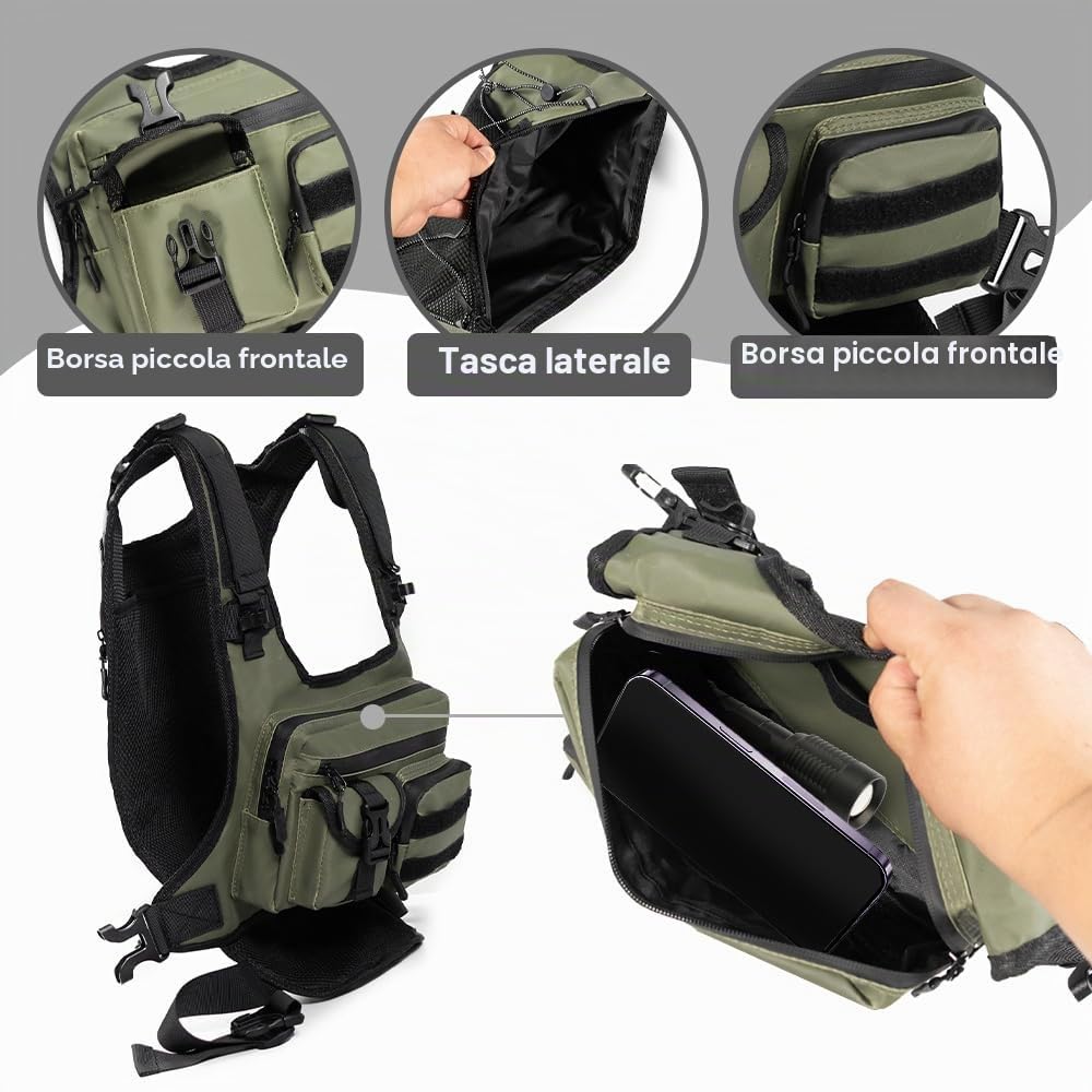 Borsa da Petto per Uomo e Donna, Zaino Sportivo da Esterno, Marsupio da Viaggio Multitasche con Chiusura a Cerniera e Sistema Molle per Caccia all'Aperto, Escursionismo, Ciclismo, Arrampicata Tattica