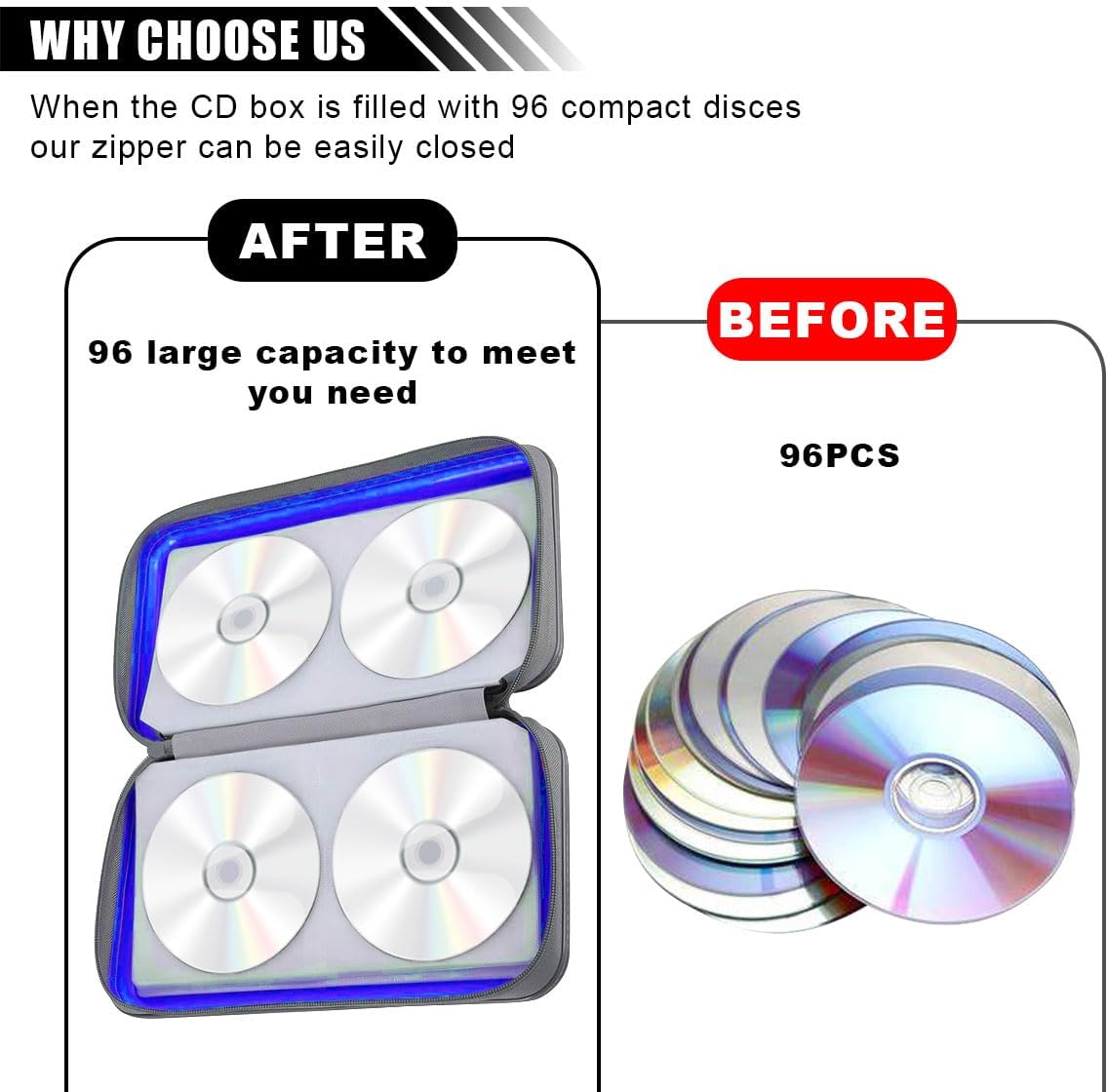 Car CD DVD Case - 96 Capacity DVD Disc Storage Binder Wallet - Portable Hard Plastic CD Case Holder - Zipper Protective CD/DVD Organizer for Car Office Home Travel (Blue)