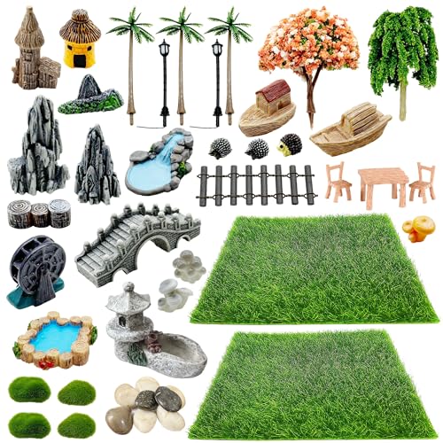 Woohome 42 PCS Mini Garden Accessories Fairy Garden Kit Micro Landscape Mini Zen Garden Accessories for Diorama Project DIY, Mini House Decor