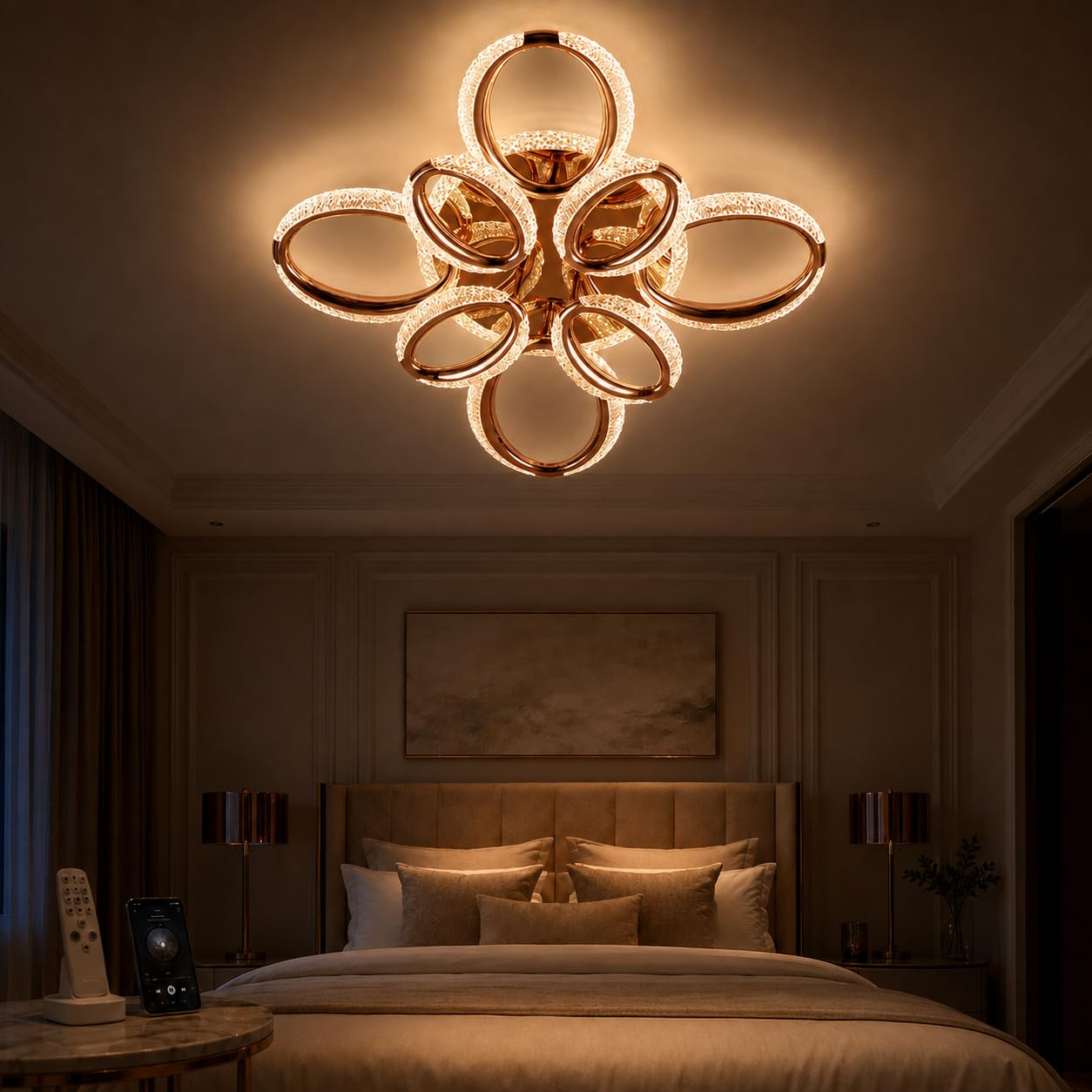 TRIPPING Model 706-8 Rose Gold 8-Oval Crystal LED Music Ceiling Light with Bluetooth Music System, Remote Control and 3 Colour Lighting for Living Room, Bedroom and Dining Area-image-47