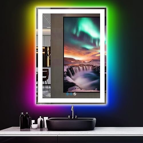 Espejo de baño LED cuadrado de 30 x 20 pulgadas con luces delanteras, 3 colores + retroiluminación RGB arco iris, espejo iluminado para baño, espejo