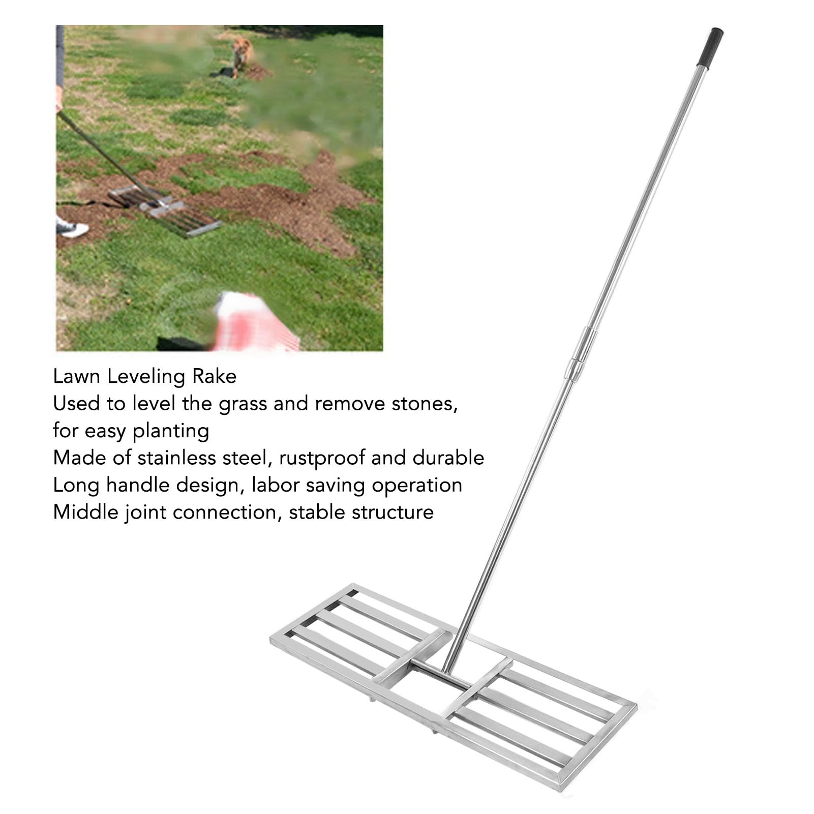Rastrello in acciaio inox con manico telescopico, strumento da giardino di precisione per livellamento e cura del prato, antiruggine, resistente alle intemperie