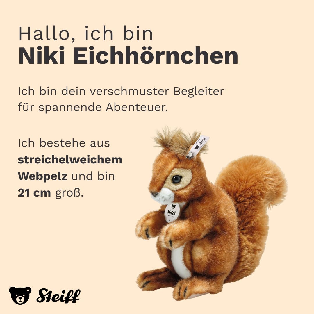 Steiff Kuscheltier Niki Eichhörnchen, Süßes Stofftier mit Kunststoffaugen, Kinder, Jungen & Mädchen, Plüschtier 21 cm, Hellbraun, 045141