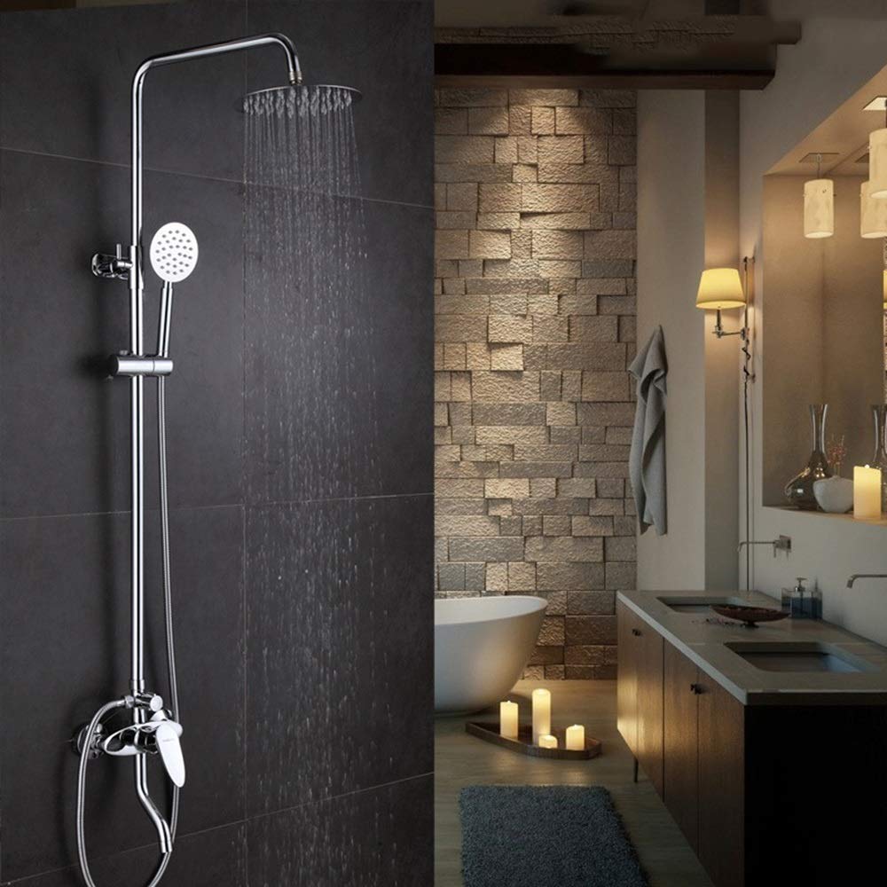 CWCQGH Anti-dust Hot and Cold Shower Set Brass Shower Faucet 20cm Round Top Spray Shower System 3 Modes Silver Household Lift Beautifully Practical