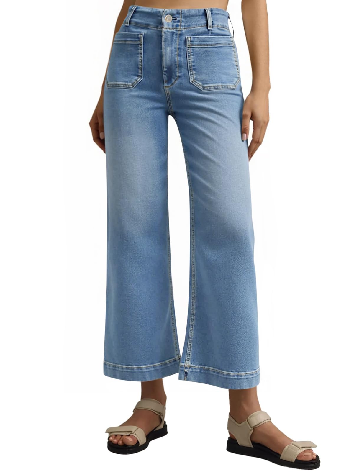 Tankaneo Wide Leg Jeans for Women Trendy High Waisted Flare Stretchy Jeans Cropped Baggy Denim Pants with Front Patch Pockets