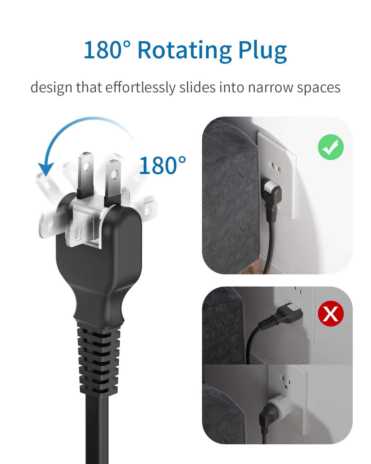 Regleta WANDOFO Con 5 Tomas Y 3 USB, Cable De 10 Pies, Protección Contra Sobretensiones