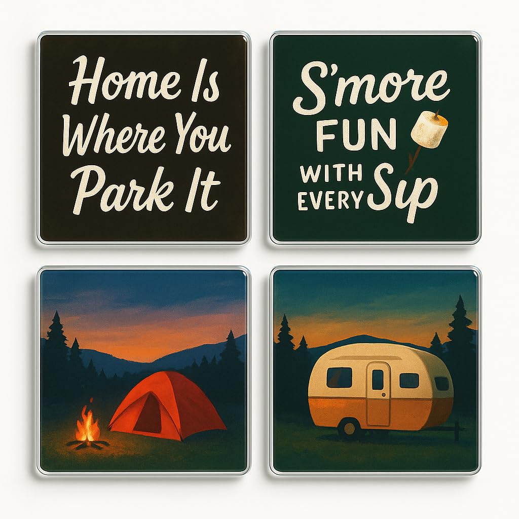 The Plum Penguin Campsite Whimsy Acrylic Coaster Set Of 4 With Camping Quotes - Drinkware For Caravan Enthusiasts
