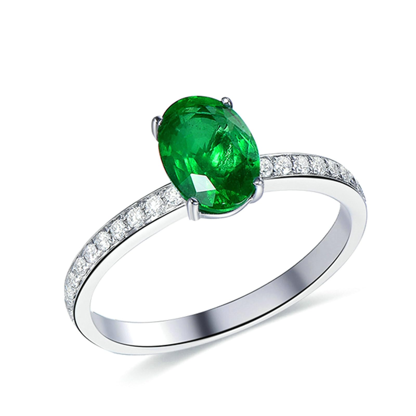 Anillo de compromiso para mujer, platino, talla H 1/2-V 1/2, anillos de compromiso de boda estrechos con esmeralda ovalada de 0,7 quilates y moissanita de 0,17 quilates