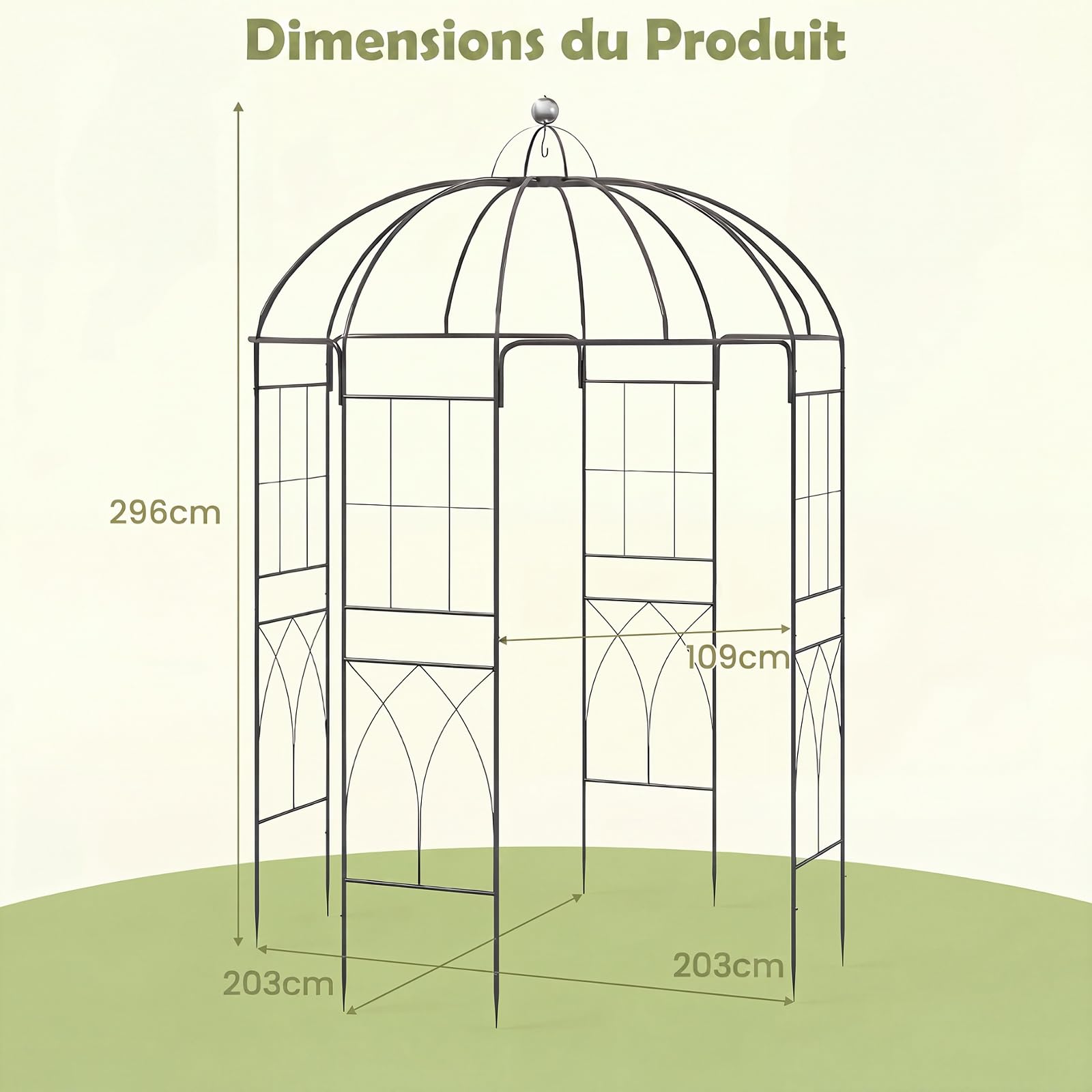 GYMAX Arche de Jardin Rosier en Forme de Cage à Oiseaux, Tonnelle en Métal pour Plantes Grimpantes, Treillis Verticaux, Cadre Métallique Robuste, Décoration pour Repas, Fête, Mariage, 203 x 296 cm