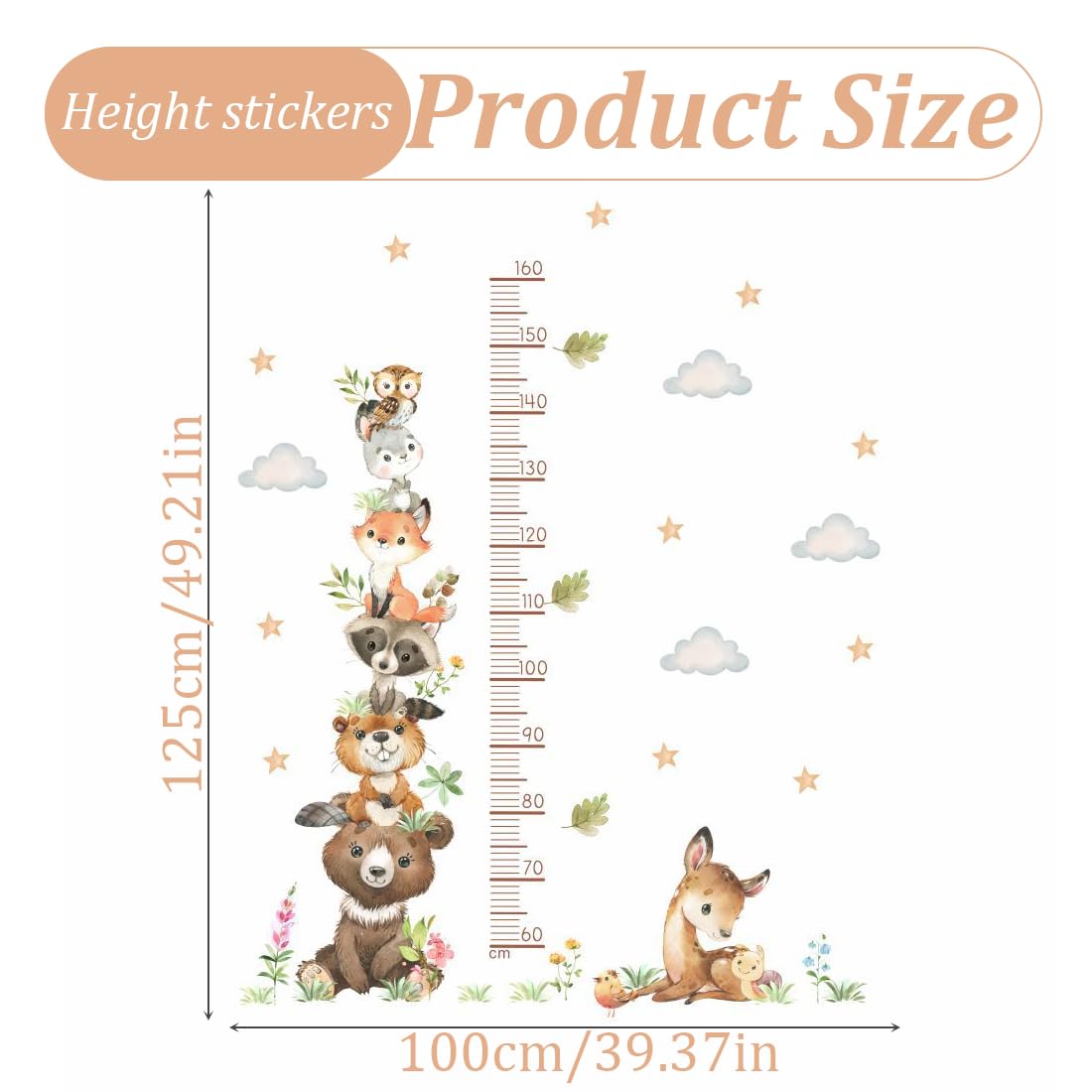 GXGM Toise Murale Enfant,60-160 cm Animaux de la Forêt Tableau de Hauteur,Stickers Muraux Enfants,Toise Enfant,Autocollant Mural Autocollant Animaux de la Forêt,Autocollant Mural Toise pour Enfants