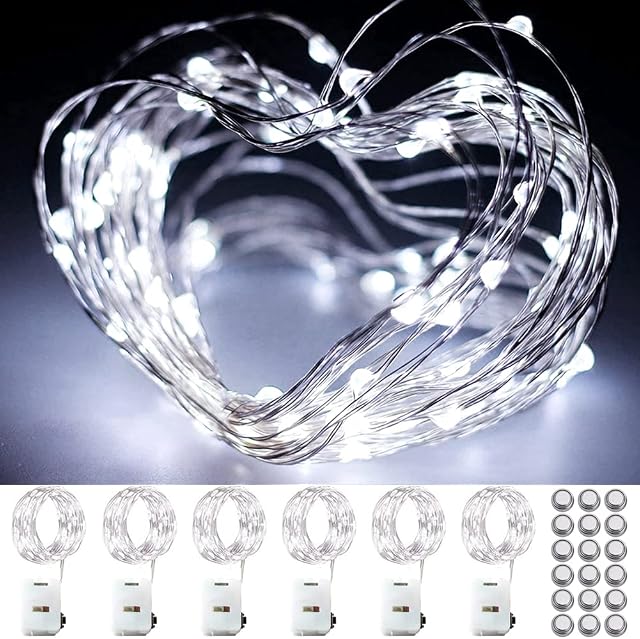 OEMG Pack of 6 Fairy Lights Battery Operated, 3m 30 Micro LED String Silver Wire Lights, 3 Twinkle Lighting Modes Mini Light Bedroom Christma Wedding Party Decoration Indoor Cool White